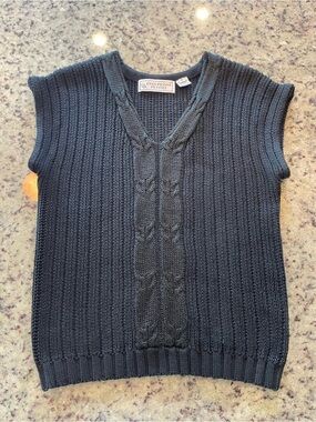 Evan Picone Black open Cable Knit V-Neck summer Ramie and cotton blend top S